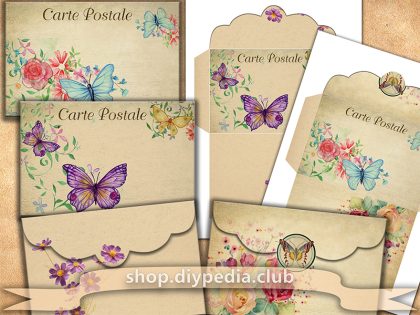 2 Vintage Butterflies and Flowers Printable Envelope Templates (#9)